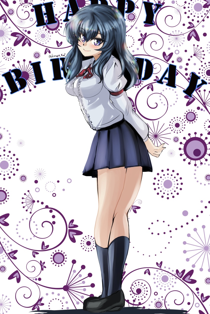 1girl abimaru_gup absurdres arms_behind_back black_shoes black_socks blue_eyes blue_hair blue_skirt blush breasts closed_mouth collared_shirt crossed_legs eclair_(girls_und_panzer) frilled_shirt frills from_side girls_und_panzer girls_und_panzer_gekitou!_maginot-sen_desu!! happy_birthday highres juliet_sleeves long_hair long_sleeves looking_at_viewer maginot_school_uniform miniskirt pleated_skirt puffy_sleeves red_ribbon ribbon school_uniform shirt shoes signature skirt smile socks white_shirt