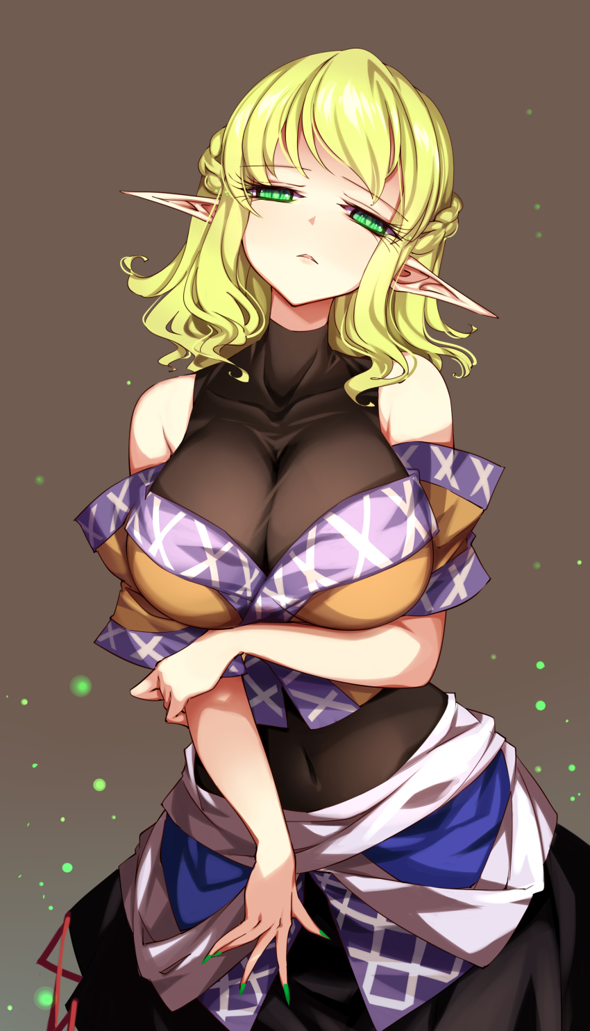 1girl absurdres bare_shoulders bike_shorts black_dress black_shirt black_skirt blonde_hair breasts brown_jacket brown_shirt cleavage dress floral_print green_eyes hashihime highres jacket large_breasts layered_clothes medium_hair mizuhashi_parsee multicolored_jacket navel pointy_ears raptor7 shirt short_sleeves skirt solo touhou