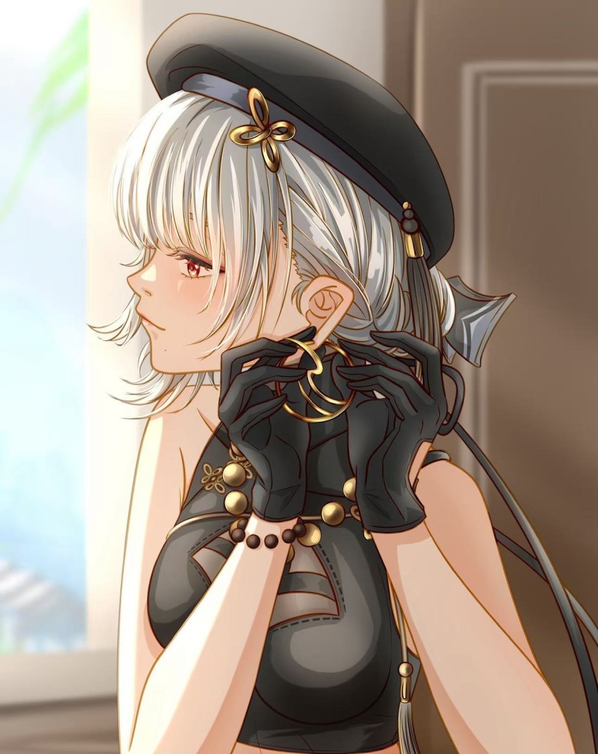 1girl adjusting_earrings bare_arms bare_shoulders bead_bracelet bead_necklace beads beret black_gloves black_hat black_skirt blurry blurry_background blush bracelet chinese_commentary clothing_cutout collarbone commentary covered_collarbone crop_top earrings from_side glove_cutout gloves gold_earrings hair_behind_ear hair_bun hat heidianzashipu highres hoop_earrings jewelry mole mole_under_mouth necklace profile red_eyes sanhua_(wuthering_waves) shirt skirt sleeveless sleeveless_shirt solo tassel updo upper_body white_hair window wuthering_waves