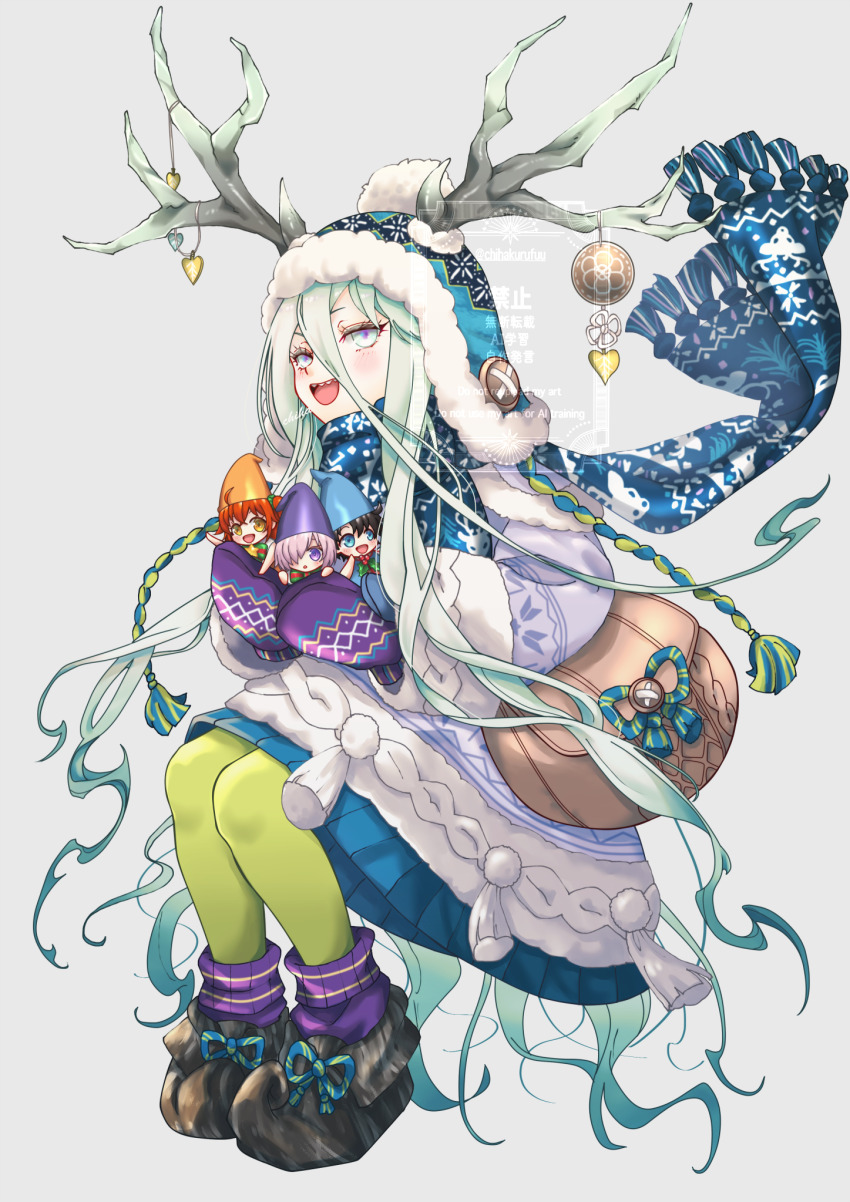 1boy 3girls antlers bag beanie black_hair blue_eyes blue_hat blue_scarf blush boots breasts chi_wa fate/grand_order fate_(series) fujimaru_ritsuka_(female) fujimaru_ritsuka_(female)_(tonttu) fujimaru_ritsuka_(male) fujimaru_ritsuka_(male)_(tonttu) hair_between_eyes hat highres horns long_hair long_sleeves looking_at_viewer louhi_(fate) louhi_(second_ascension)_(fate) mash_kyrielight mash_kyrielight_(tonttu) mittens multiple_girls open_mouth orange_eyes orange_hair pantyhose pink_hair purple_eyes purple_mittens scarf sharp_teeth short_hair shoulder_bag small_breasts smile sweater teeth white_eyes white_hair white_sweater yellow_pantyhose