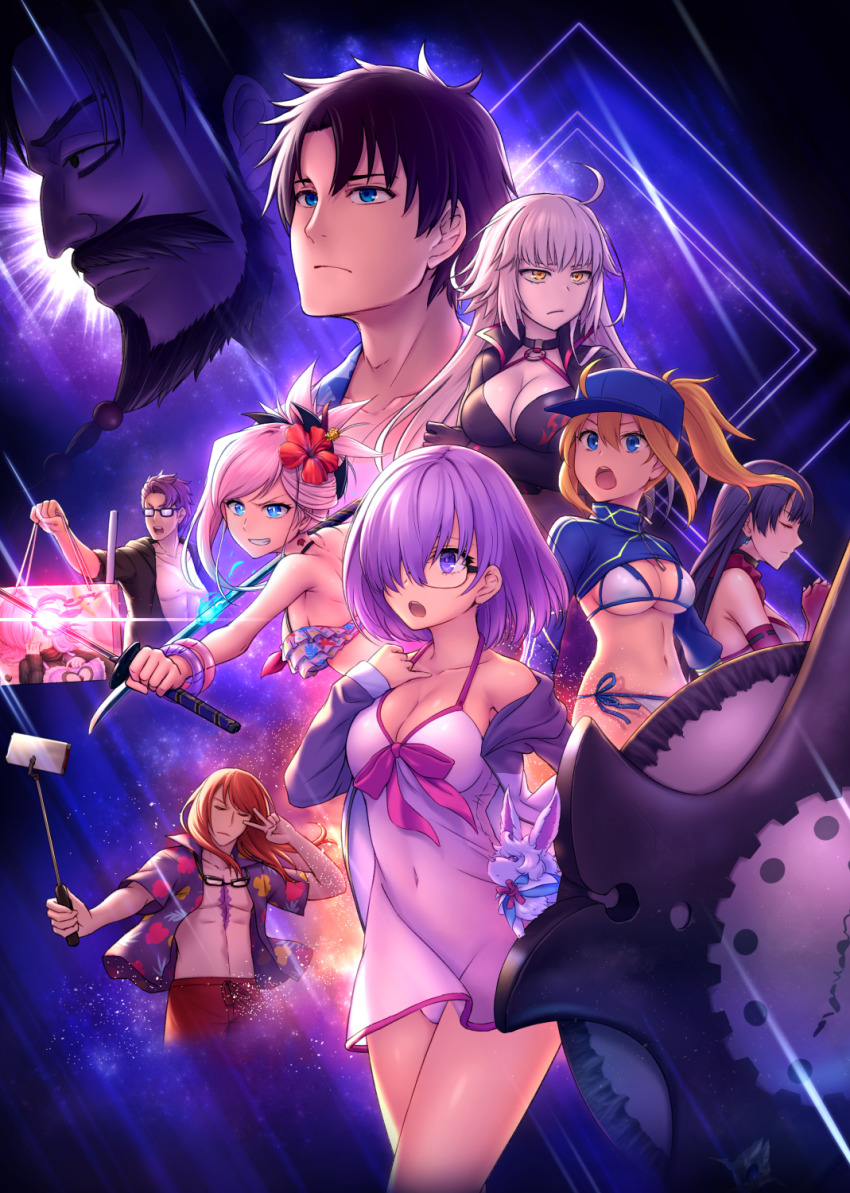4boys 5girls :o ahoge artoria_pendragon_(fate) avengers:_endgame avengers_(series) bag bare_shoulders baseball_cap beard bikini bikini_under_clothes black-framed_eyewear black_bikini black_hair blonde_hair blue_eyes blue_headwear blue_shirt breasts cellphone cleavage closed_eyes closed_mouth collarbone creature dress dress_swimsuit dual_wielding earrings edward_teach_(fate) elbow_gloves facial_hair fate/grand_order fate_(series) flower fou_(fate) fujimaru_ritsuka_(male) fujimaru_ritsuka_(male)_(tropical_summer) glasses gloves glowing grin hair_between_eyes hair_flower hair_ornament hair_over_one_eye hair_through_headwear hat hibiscus highres holding holding_bag holding_sword holding_weapon jacket jeanne_d&#039;arc_(fate) jeanne_d&#039;arc_alter_(fate) jeanne_d&#039;arc_alter_(swimsuit_berserker)_(fate) jewelry katana lancelot_(fate/grand_order) lancelot_(strongest_knight_of_summer)_(fate) large_breasts long_sleeves lower_teeth_only martha_(fate) marvel marvel_cinematic_universe mash_kyrielight mash_kyrielight_(swimsuit_of_perpetual_summer) miyamoto_musashi_(fate) multiple_boys multiple_girls mustache mysterious_heroine_x_(fate) mysterious_heroine_xx_(fate) navel o-ring o-ring_bikini o-ring_top off_shoulder official_alternate_costume opaque_glasses open_clothes open_jacket open_mouth open_shirt outstretched_arm oyaji-sou paper_bag phone pink_hair ponytail purple_eyes purple_hair purple_shirt red_flower red_gloves red_hair ribbon-trimmed_gloves ribbon_trim selfie selfie_stick shirt shrug_(clothing) side-tie_bikini_bottom silver_hair sleeves_past_wrists smile swimsuit sword teeth tristan_(chicken_of_luluhawa)_(fate) tristan_(fate) upper_teeth_only v v-shaped_eyebrows v_over_eye weapon white_bikini white_dress white_jacket yellow_eyes