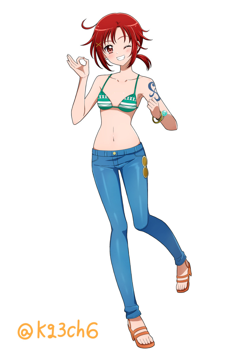 1girl ;d absurdres bangle bare_arms bikini bikini_top_only blue_pants blush bracelet breasts clenched_hand collarbone commentary commission company_connection cosplay denim earrings full_body gold_bracelet green_bikini grin hair_ornament highres hino_akane_(smile_precure!) jeans jewelry kagami_chihiro knees_together_feet_apart log_pose looking_at_viewer low_ponytail money_gesture nami_(one_piece) nami_(one_piece)_(cosplay) nami_(one_piece)_(return_to_sabaody) navel no_shirt one_eye_closed one_piece open_mouth pants pearl_earrings pixiv_commission ponytail precure red_eyes red_hair sandals short_ponytail shoulder_tattoo small_breasts smile smile_precure! solo standing swimsuit tattoo teeth toei_animation toes twitter_username white_background x_hair_ornament