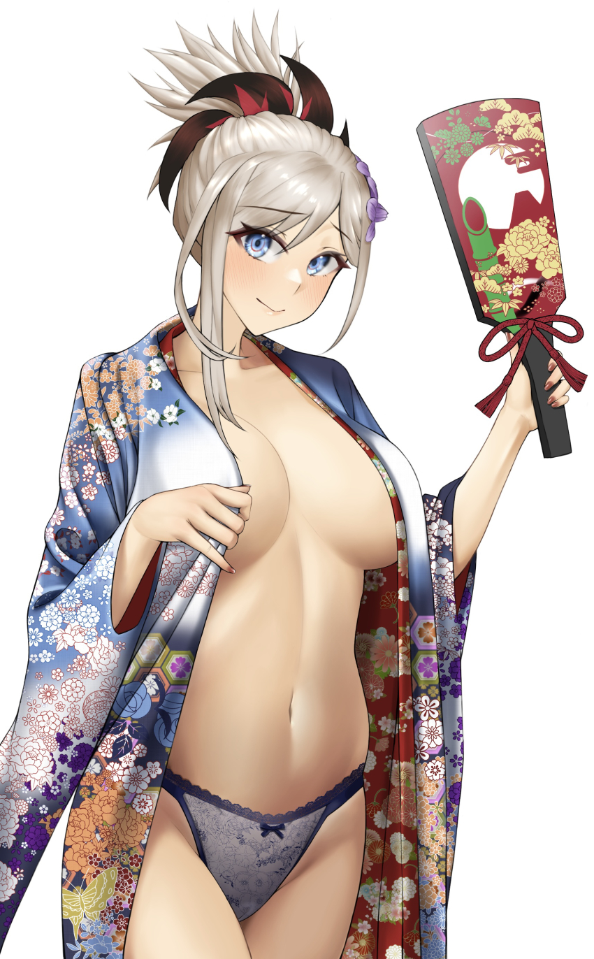 1girl absurdres blue_eyes blue_panties bow bow_panties breasts cowboy_shot fate/grand_order fate_(series) floral_print flower grey_hair hagoita hair_bun hair_flower hair_ornament highres holding holding_paddle japanese_clothes karakari kimono lace lace-trimmed_panties lace_trim lingerie looking_at_viewer medium_breasts miyamoto_musashi_(fate) multicolored_kimono nail_polish navel open_clothes open_kimono paddle panties red_nails short_hair simple_background solo stomach underwear white_background