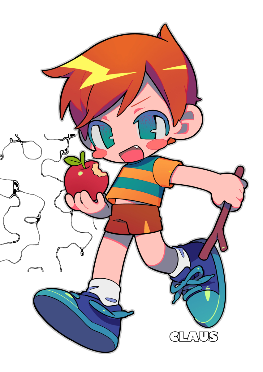 1boy absurdres blue_eyes blue_shoes blush character_name chibi chibi_only child claus_(mother_3) fang fang_out food fruit full_body highres holding holding_food holding_fruit holding_stick laces looking_ahead male_focus mi_(33tb) mother_(series) mother_3 nintendo open_mouth orange_hair red_shorts shirt shoes short_hair shorts simple_background smile sneakers socks stick striped_clothes striped_shirt walking white_background white_socks