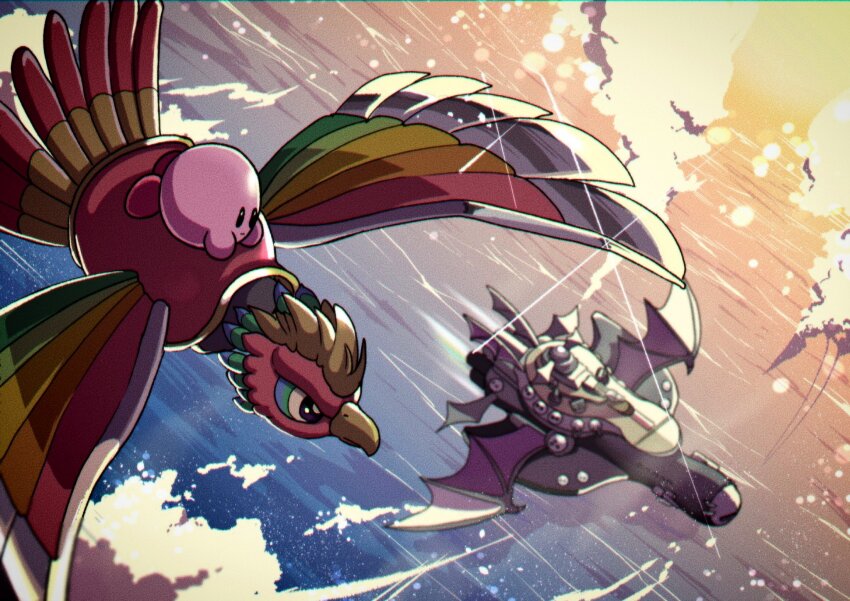colored_skin dyna_blade halberd_(airship) highres kirby kirby_(series) kirby_super_star mokichi_(4exezmfsatnhsm5) nintendo no_humans ocean pink_skin scene_reference sparkle sunset wings
