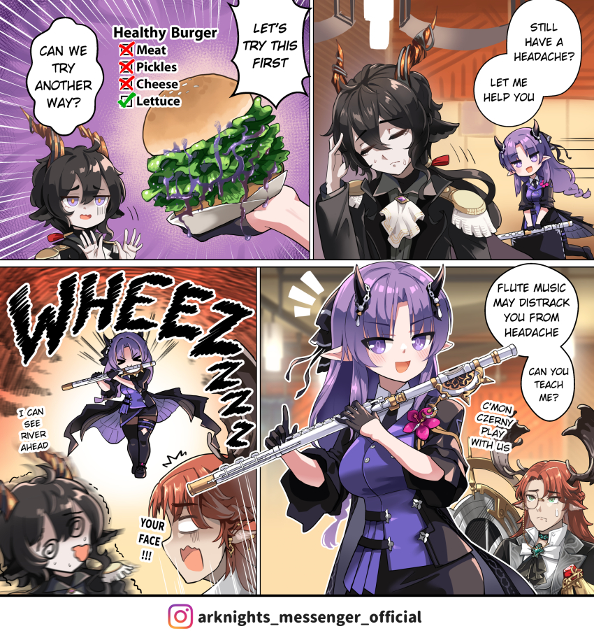 1girl 2boys antlers arknights bad_food burger chibi comic czerny_(arknights) deer_antlers deer_boy ebenholz_(arknights) english_text food hibiscus_(arknights) hibiscus_the_purifier_(arknights) highres hm_(hmongt) horns lettuce monocle multiple_boys official_alternate_costume sick speech_bubble surprised vegetable