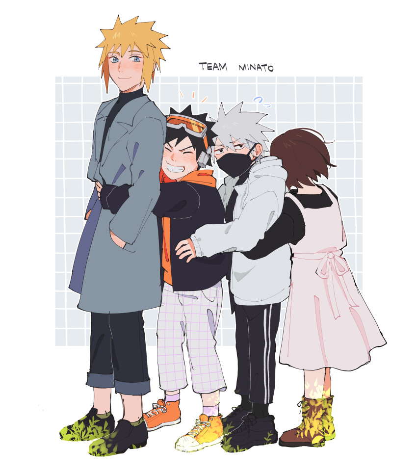 1girl 3boys absurdres aged_down black_hair blonde_hair blue_eyes blush boots brown_hair closed_eyes closed_mouth coat commentary dress english_commentary flying_sweatdrops full_body goggles goggles_on_head grey_hair grin group_hug hands_in_pockets hatake_kakashi height_difference highres hood hood_down hug jacket long_sleeves mask mouth_mask multiple_boys namikaze_minato naruto_(series) naruto_shippuuden nohara_rin pants seirorath shoes short_hair smile sneakers spiked_hair uchiha_obito