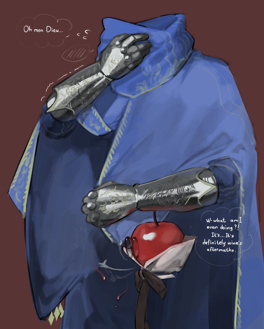 1kogito1 2boys a_knight_(reverse:1999) absurdres apple apple_(reverse:1999) blue_cape bow bowtie cape commentary detached_collar english_commentary english_text floating floating_clothes food french_text fruit gauntlets gloves hand_on_own_face highres implied_handjob looking_at_another male_focus multiple_boys no_humans red_background reverse:1999 round_eyewear speech_bubble thought_bubble translated