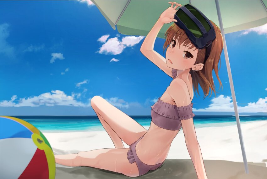 1girl adjusting_clothes adjusting_headwear ball bare_shoulders beach beach_umbrella beachball bikini blue_sky breasts brown_eyes brown_hair commentary_request from_side head-mounted_display k3rd looking_at_viewer misaka_imouto open_mouth outdoors purple_bikini short_hair sitting sky small_breasts solo strapless swimsuit toaru_kagaku_no_railgun toaru_majutsu_no_index tube_top umbrella