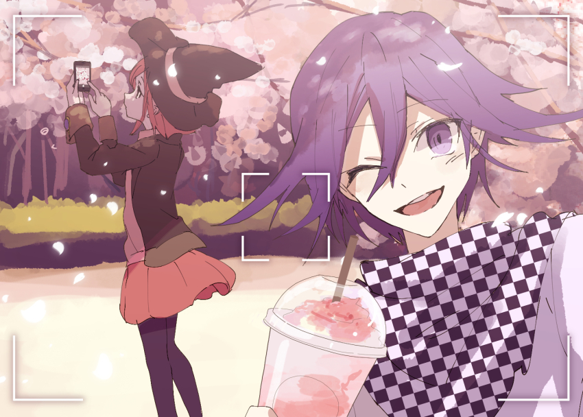 1boy 1girl black_hat black_jacket black_pantyhose black_scarf black_sleeves blazer blush_stickers cellphone checkered_clothes checkered_scarf cherry_blossoms collared_vest commentary_request cup danganronpa_(series) danganronpa_v3:_killing_harmony day disposable_cup drink drinking_straw eyelashes falling_petals feet_out_of_frame hair_between_eyes hat holding holding_drink holding_phone jacket long_sleeves looking_at_viewer miniskirt nagichiro oma_kokichi one_eye_closed open_clothes open_jacket open_mouth outdoors pantyhose petals phone pink_vest pleated_skirt purple_eyes purple_hair red_eyes red_hair red_skirt scarf selfie short_hair single_blush_sticker skirt slushie smartphone smile teeth tree two-tone_scarf unmoving_pattern upper_body upper_teeth_only vest viewfinder white_jacket white_scarf white_sleeves witch_hat yumeno_himiko