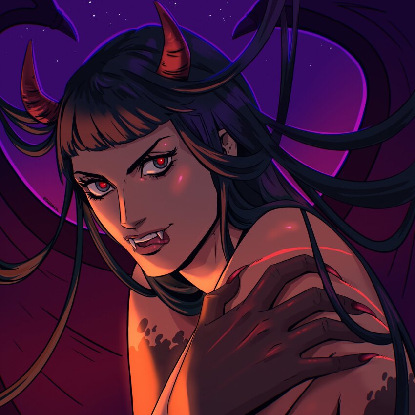 1girl black_hair blue_eyes blunt_bangs colored_skin commentary demon_girl demonio_fleur ellie_mehl english_commentary eyelashes fangs fingernails hana_hana_no_mi highres horns long_fingernails long_hair looking_at_viewer multicolored_skin nico_robin night night_sky one_piece red_eyes red_horns sky smile solo tongue tongue_out two-tone_skin wings