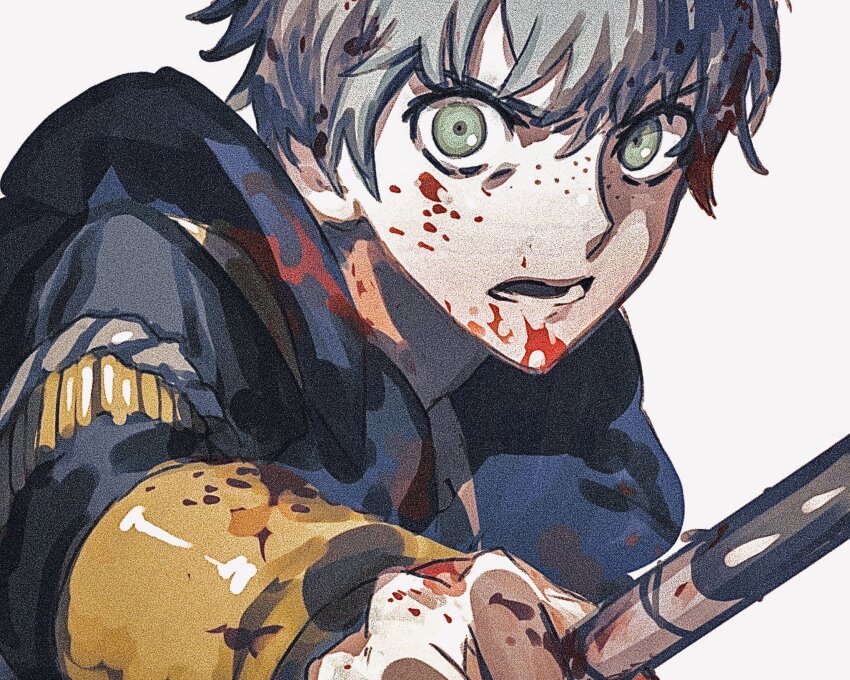 1boy ashe_ubert blood blood_on_clothes blood_on_face blood_on_hands blue_hood close-up domu_(hamadura) fire_emblem fire_emblem:_three_houses freckles garreg_mach_monastery_uniform green_eyes grey_hair hair_between_eyes highres holding holding_weapon hood hood_down male_focus nintendo school_uniform short_hair simple_background solo weapon white_background