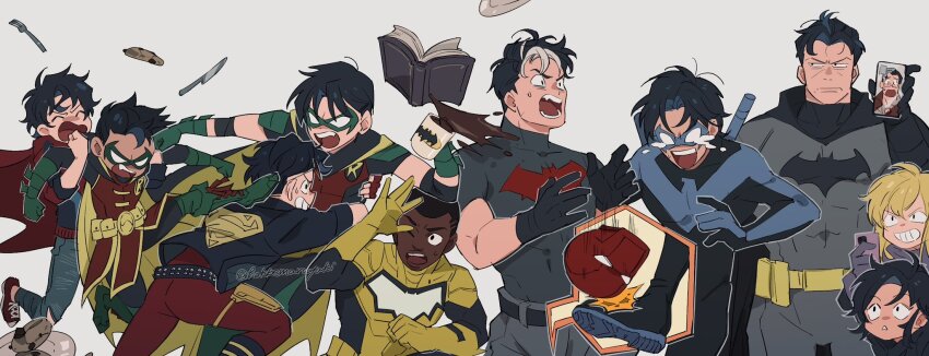 2girls 6+boys animal_print animification bat_print batgirl batman batman_(series) black_hair cape cassandra_cain cellphone clark_kent coffee conner_kent damian_wayne dark-skinned_male dark_skin dc_comics dick_grayson domino_mask duke_thomas fork green_footwear highres hokkemaruyaki jason_todd jonathan_kent knife kon-el mask multicolored_hair multiple_boys multiple_girls nightwing open_mouth phone red_cape red_hood_(dc) robin_(dc) smartphone stephanie_brown super_sons superboy superhero_costume superman_logo tears teeth the_signal_(dc) tim_drake two-tone_bodysuit two-tone_hair