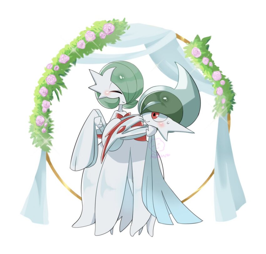 ariumu arm_blade bob_cut cape carrying closed_eyes colored_skin dress gallade gardevoir gen_3_pokemon gen_4_pokemon green_hair mega_gallade mega_gardevoir mega_pokemon nintendo pokemon pokemon_(creature) princess_carry signature sweatdrop weapon white_cape white_dress white_skin