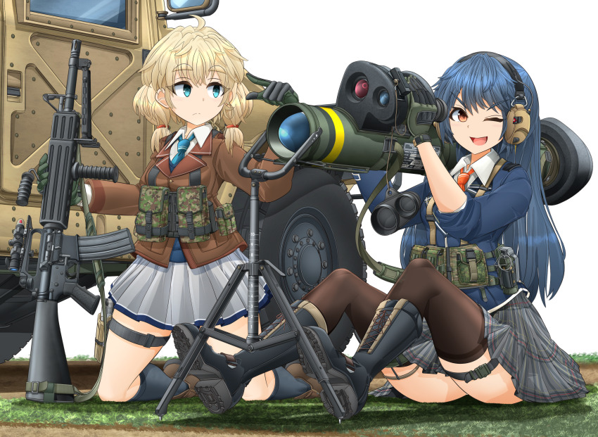 2girls absurdres anti-tank_missile assault_rifle black_footwear black_socks black_thighhighs blazer blonde_hair blue_eyes blue_hair blue_necktie blue_sweater boots brown_footwear brown_jacket closed_mouth combat_boots commentary_request dress_shirt explosive frown grenade grey_skirt gun hair_tie harness headphones highres holding holding_weapon hummer jacket kneehighs kneeling lace-up_boots long_hair long_sleeves looking_at_another looking_at_viewer low_twintails m16 m47_dragon medium_hair mikeran_(mikelan) miniskirt motor_vehicle multiple_girls necktie on_ground on_shoulder one_eye_closed open_mouth orange_eyes original plaid_clothes plaid_skirt pleated_skirt pointing red_necktie rifle school_uniform shadow shirt shoes sitting skirt sleeves_rolled_up smile socks sweater thigh_strap thighhighs tripod twintails v-neck weapon white_background white_shirt wing_collar