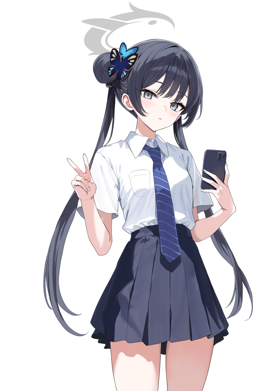 1girl absurdres alternate_costume black_skirt blue_archive blue_necktie breast_pocket bun_with_braided_base closed_mouth collared_shirt commentary_request diagonal-striped_clothes diagonal-striped_necktie double_bun grey_eyes grey_halo hair_bun halo hand_up hidis0086 highres holding holding_phone kisaki_(blue_archive) kisaki_(school_uniform)_(blue_archive) long_hair looking_at_viewer necktie phone pleated_skirt pocket school_uniform shirt shirt_tucked_in short_sleeves simple_background skirt solo striped_clothes striped_necktie twintails v white_background white_shirt