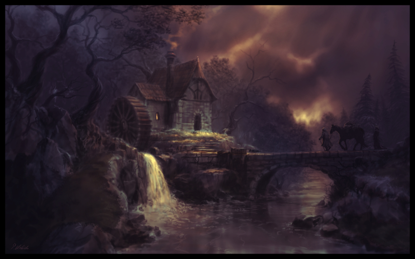 2others absurdres bare_tree black_border border bridge building cloud cloudy_sky coat grey_sky highres horse landscape limited_palette long_coat multiple_others original outdoors philipp_urlich robe scenery sky stone_building stream tree walking water water_wheel waterfall wide_shot