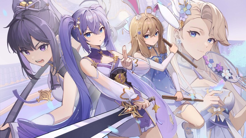 4girls a-soul absurdres ahoge animal_ears ava_(a-soul) bare_shoulders bell bella_(a-soul) blonde_hair blue_dress blue_eyes bow breasts brown_hair bug butterfly cleavage commentary_request detached_sleeves diana_(a-soul) dress eileen_(a-soul) fighting_stance flower glowing_butterfly gold_trim hair_bell hair_between_eyes hair_bow hair_flower hair_ornament hand_fan highres holding holding_fan holding_stick holding_sword holding_weapon insect kuji-in looking_to_the_side mole mole_under_eye multiple_girls purple_dress purple_eyes purple_hair rabbit_ears ribbon san-mura sidelocks standing stick sword twintails weapon