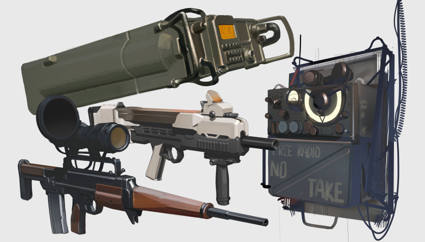 absurdres cable commentary english_commentary grey_background gun highres no_humans object_focus original polilla radio scope simple_background weapon