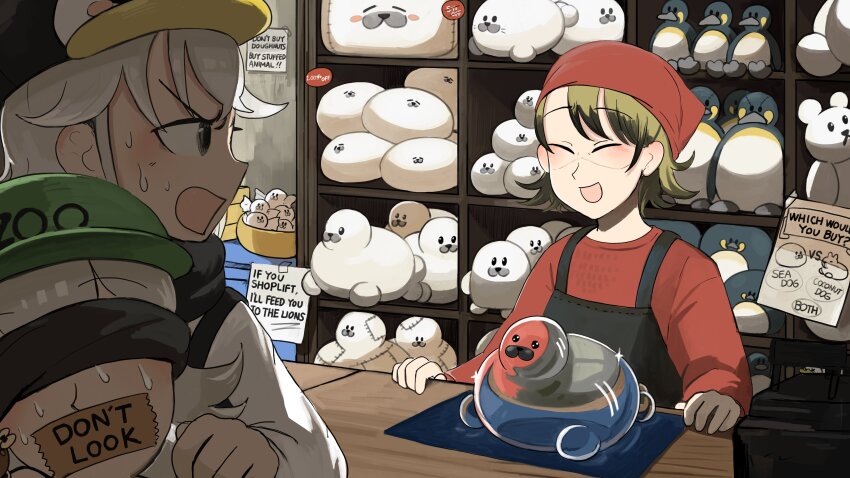 3girls :d absurdres bird black_overalls blindfold blonde_hair closed_eyes commentary diva_(hyxpk) donut_stamp duck english_commentary gag glint green_hat grey_hair hat highres improvised_gag multiple_girls nervous_sweating note open_mouth overalls penguin_hat penguin_keeper_(diva) red_headwear red_shirt seal_keeper_(diva) shirt short_hair slice_of_life smile store_keeper_(diva) stuffed_animal stuffed_penguin stuffed_polar_bear stuffed_seal stuffed_toy sweat tape tape_gag transparent white_shirt zoo zookeeper zookeepers_(diva)