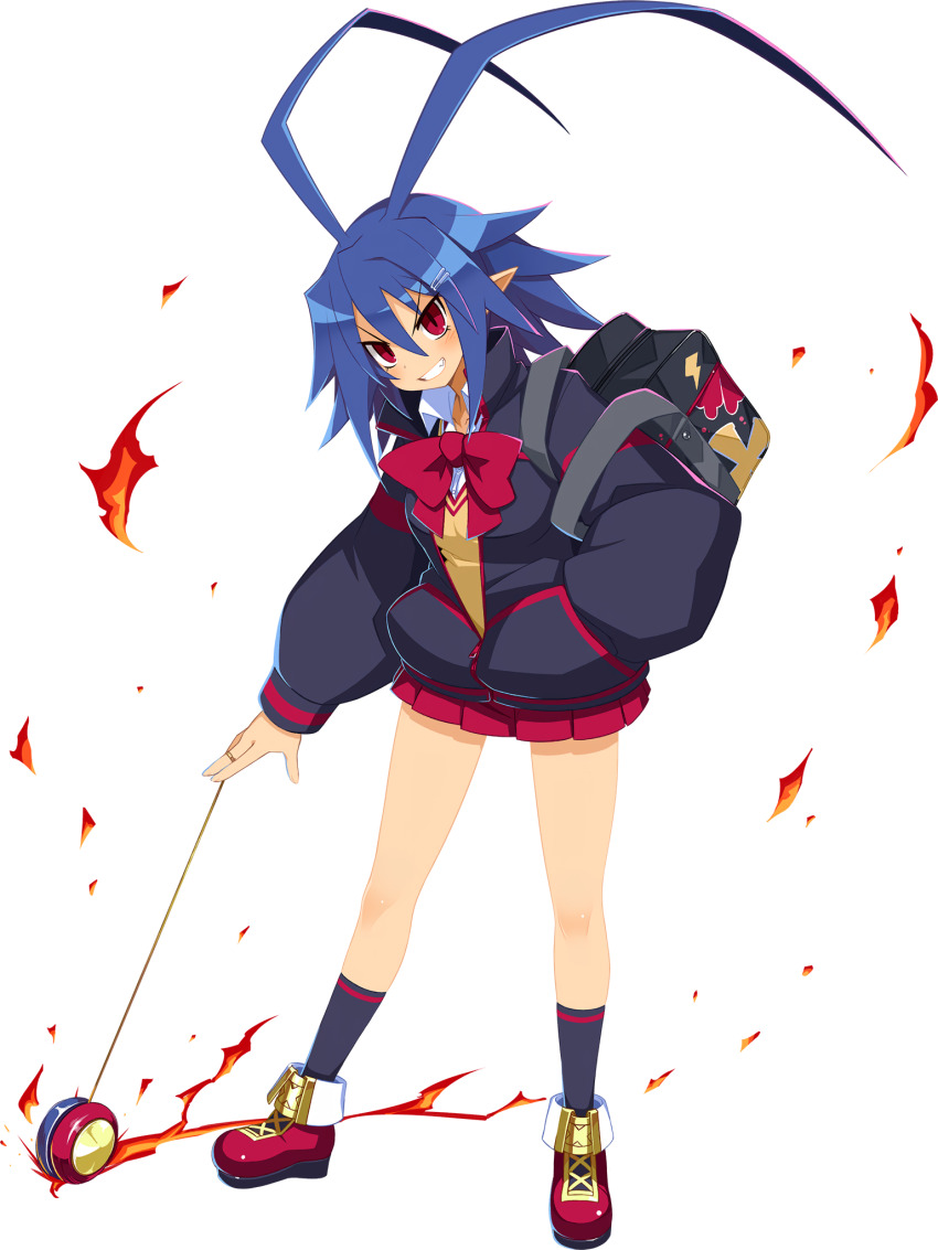 1girl antenna_hair blue_hair bow demon_girl disgaea disgaea_rpg fire genderswap genderswap_(mtf) grin hair_ornament hairclip hand_in_pocket harada_takehito highres laharl laharl-chan long_hair non-web_source official_art photoshop_(medium) pointy_ears red_bow red_eyes slit_pupils smile solo standing transparent_background very_long_hair yo-yo