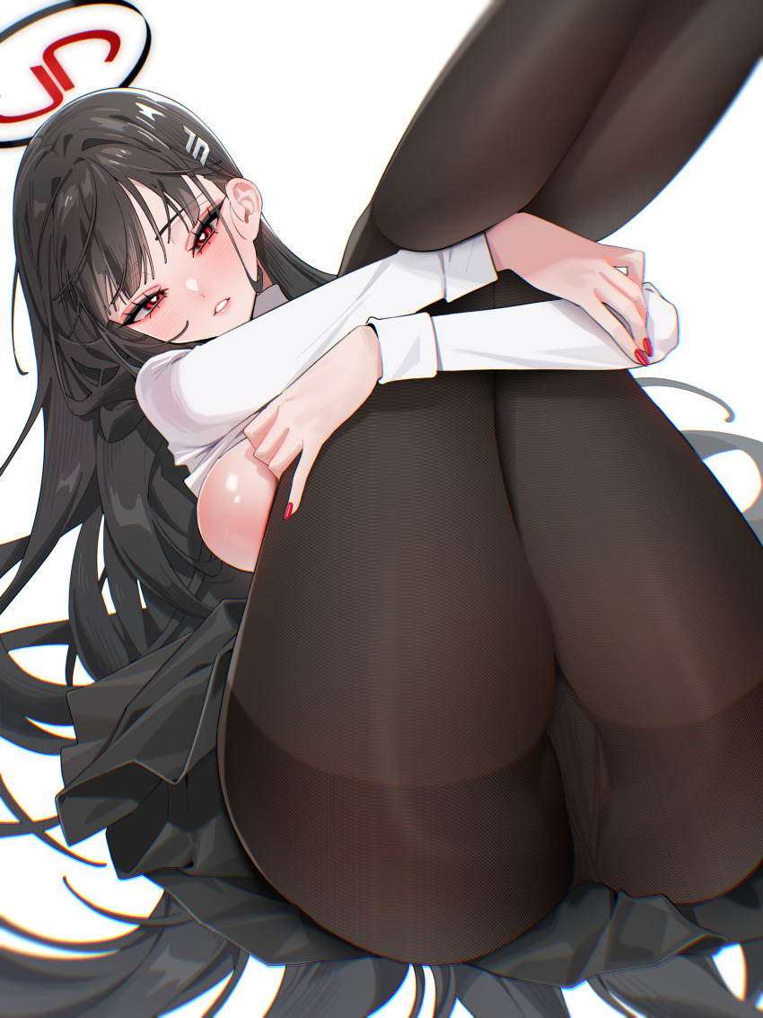 1girl absurdres agnamore black_hair black_pantyhose black_skirt blue_archive blunt_bangs blush clothes_lift hair_behind_ear hair_ornament hairclip highres holding_own_leg legs_up long_hair looking_at_viewer no_bra panties panties_under_pantyhose pantyhose parted_lips red_eyes red_nails rio_(blue_archive) shirt shirt_lift sidelocks skirt solo underwear white_panties white_shirt