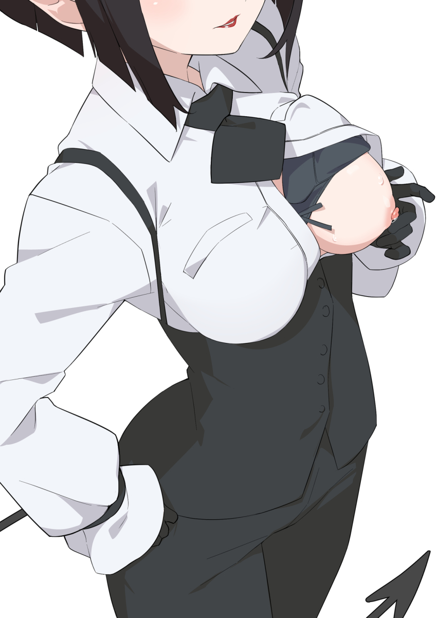 1girl black_bra black_gloves black_hair black_necktie black_pants bra bra_lift breasts collared_shirt demon_tail gloves highres hime-sama_&quot;goumon&quot;_no_jikan_desu lipstick long_sleeves makeup medium_breasts morisobo necktie nipples one_breast_out open_clothes open_shirt pants red_lips shirt short_hair simple_background solo suspenders sweat tail torture_tortura underwear white_background white_shirt