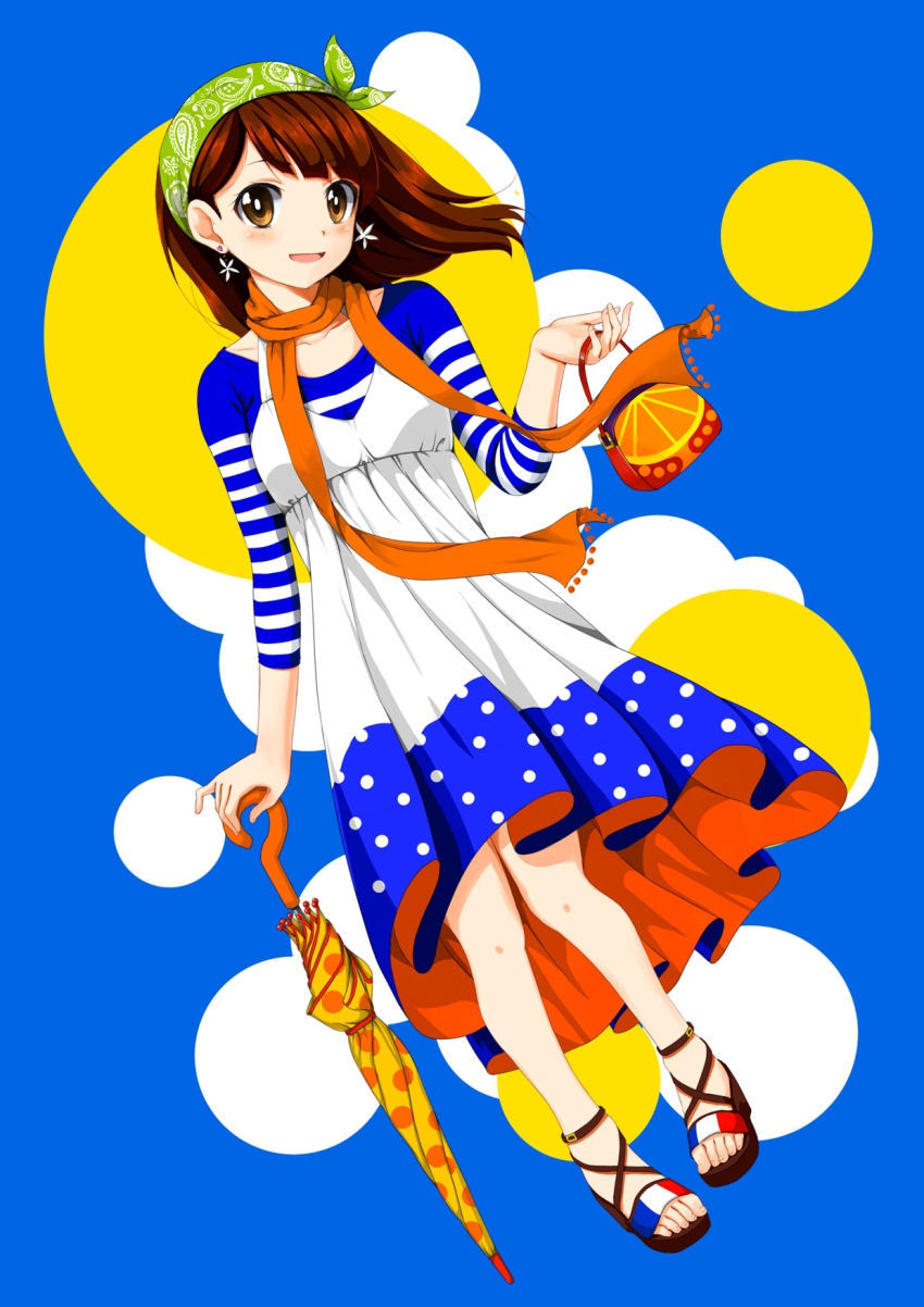 1girl bag blush brown_eyes brown_hair closed_umbrella dress earrings fashion female_focus food fruit hairband handbag headscarf highres jewelry kirikirimai_(kkm) looking_at_viewer orange_(fruit) orange_slice orangina original pigeon-toed planted planted_umbrella sandals scarf short_hair smile solo toes umbrella