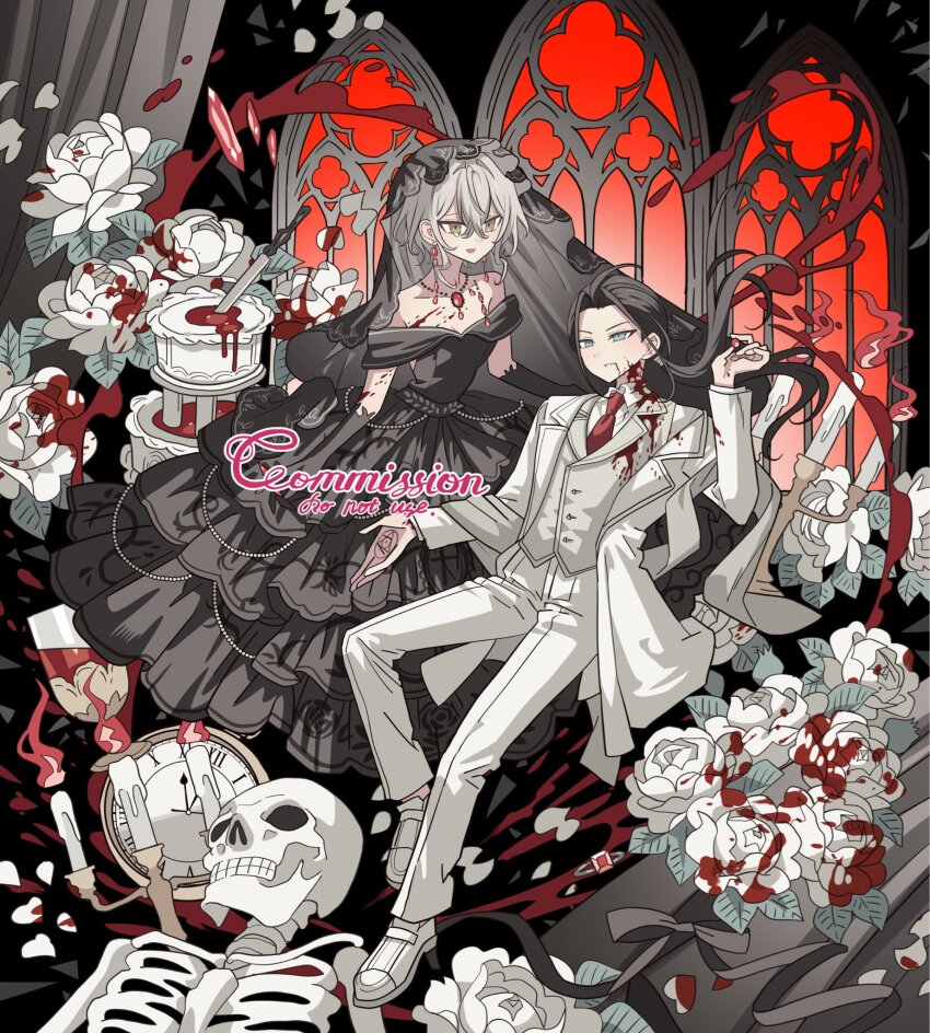1boy 1girl bad_id bad_twitter_id bare_shoulders black_dress black_hair black_ribbon blood blood_on_flower blood_splatter breasts bridal_veil bride cake candlestand clock collared_shirt commission crying crying_with_eyes_open curtains dress earrings fire flower food formal_clothes full_body grey_hair groom hair_between_eyes hand_up highres jacket jewelry knife long_hair long_sleeves meremero necklace necktie original pants petals red_necktie ribbon rose shirt shoes short_hair skeleton skull smile suit tears veil wedding_dress white_flower white_footwear white_jacket white_pants white_rose white_shirt