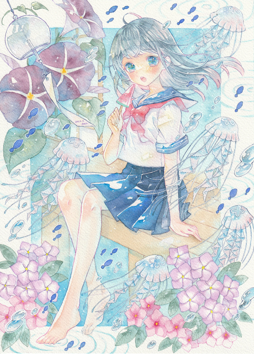 1girl absurdres amu_(m_aa) barefoot black_hair blue_eyes blue_sailor_collar blue_skirt bubble commentary_request dated fish floating_hair flower food full_body highres holding holding_food holding_popsicle jellyfish long_hair looking_at_viewer miniskirt morning_glory open_mouth original painting_(medium) pleated_skirt popsicle purple_flower sailor_collar sailor_shirt school_uniform serafuku shirt short_sleeves signature sitting skirt solo traditional_media veranda watercolor_(medium) watermelon_bar white_shirt wind_chime