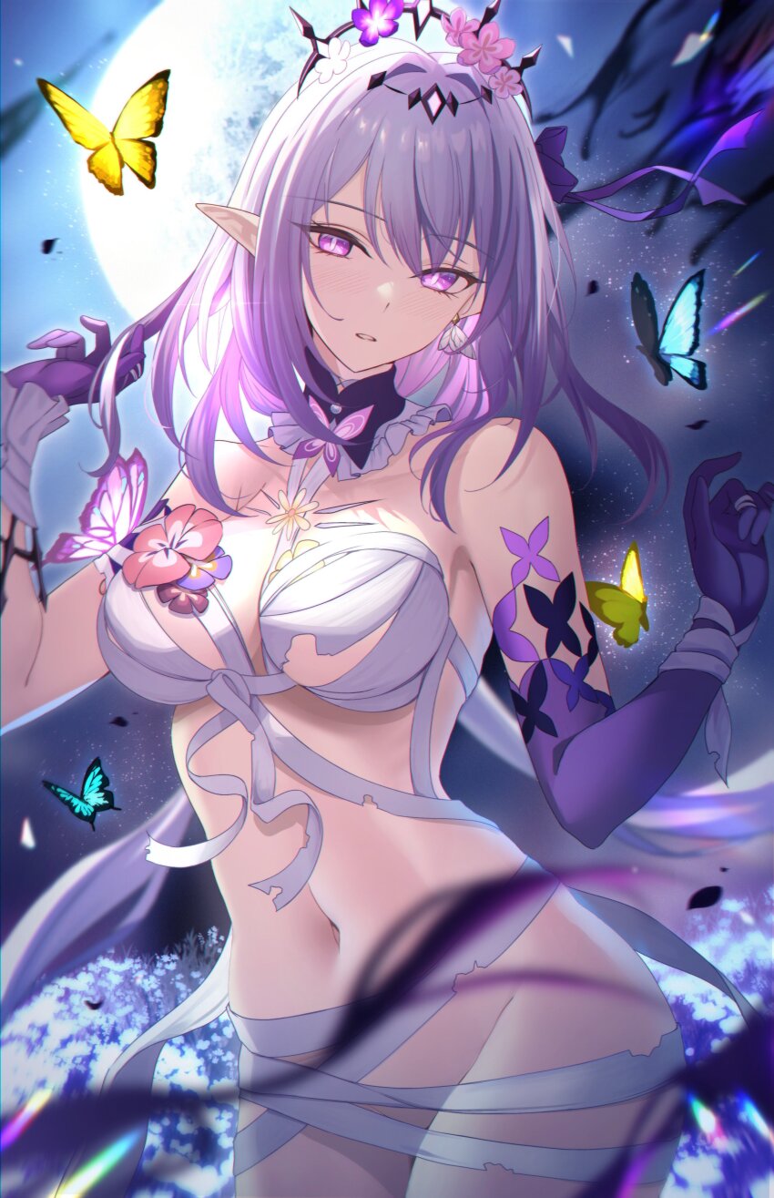 1girl absurdres asymmetrical_gloves bandaged_chest bandaged_torso bare_shoulders black_tiara breasts bug butterfly castorice_(honkai:_star_rail) commentary_request elbow_gloves flower flower_ornament full_body gloves hair_flower hair_ornament highres honkai:_star_rail honkai_(series) insect large_breasts long_hair mishiro_(ixtlolton) navel night night_sky parted_lips pointy_ears purple_eyes purple_gloves purple_hair sky solo stomach tiara uneven_gloves