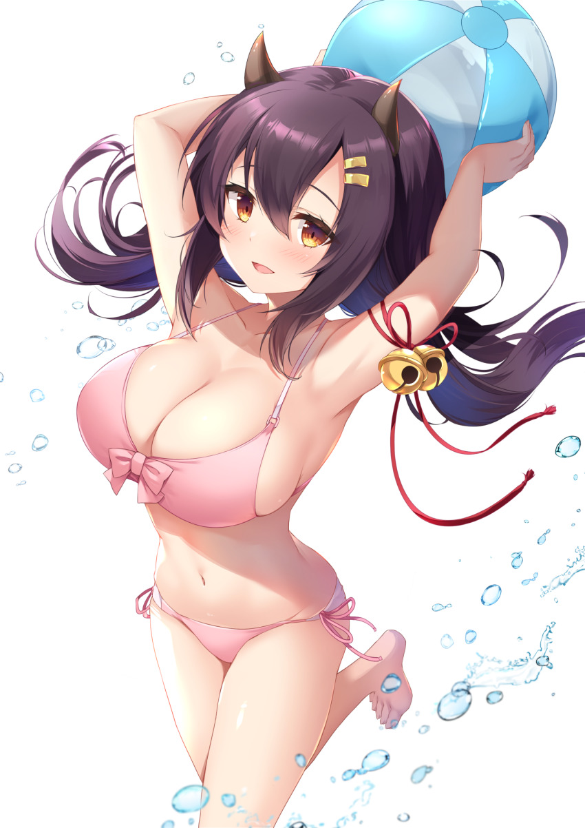1girl amakarashi armpits arms_up azur_lane ball barefoot beachball bell bikini black_hair breasts brown_eyes cleavage collarbone commentary_request commission feet hair_between_eyes hair_ornament hairclip highres holding holding_ball horns large_breasts long_hair looking_at_viewer nagara_(azur_lane) navel open_mouth pink_bikini pixiv_commission revision side-tie_bikini_bottom sidelocks simple_background smile solo standing standing_on_one_leg stomach swimsuit toes water_drop white_background