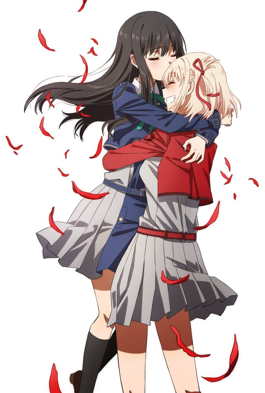 2girls black_hair black_socks blonde_hair blue_dress closed_eyes commentary dress grey_dress grin hair_ribbon highres hug inoue_takina jacket kiss kissing_forehead kneehighs long_hair long_sleeves lycoris_recoil lycoris_uniform multiple_girls nishikigi_chisato oiun red_dress red_ribbon ribbon simple_background smile socks two-tone_dress white_background yuri