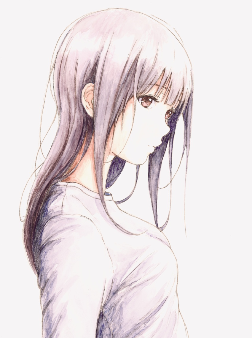 1girl absurdres bbmasa blue_background closed_mouth commentary_request from_side gradient_background hibike!_euphonium highres liz_to_aoi_tori long_hair profile purple_hair purple_shirt red_hair shirt solo traditional_media upper_body yoroizuka_mizore