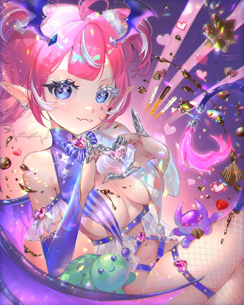 1girl bat_wings black_wings blue_eyes bow bowtie camila&#039;s_valentine&#039;s_day_art_contest camila_(vtuber) chocolate chocolate_on_body chocolate_on_breasts cimp_(camila_(vtuber)) closed_mouth commentary costume_request cowboy_shot demon_girl diamond_facial_mark facial_mark fang fishnet_thighhighs fishnets food_on_body head_wings heart heart-shaped_gem heart-shaped_pupils heart_facial_mark heart_hands highres indie_virtual_youtuber multicolored_hair pink_hair pointy_ears pom_pom_(clothes) purple_bow purple_bowtie skin_fang sparkle streaked_hair symbol-only_commentary symbol-shaped_pupils tail thighhighs two_side_up usagi_aya_(artist) vedal987 vedal_ai virtual_youtuber white_hair wings