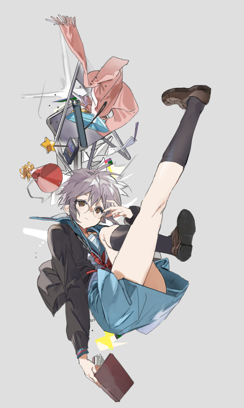 1girl absurdres black_cardigan black_socks blue_sailor_collar book brown_eyes brown_shoes cardigan chair closed_mouth coat commentary_request falling flying_paper folding_chair glasses grey_background hat highres holding holding_book kita_high_school_uniform kneehighs loafers long_sleeves nagato_yuki paper party_hat pink_coat purple_hair sailor_collar school_uniform serafuku shoes short_hair simple_background socks solo star_wand suzumiya_haruhi_no_yuuutsu unworn_coat unworn_hat unworn_headwear wand wangyou_ro winter_uniform