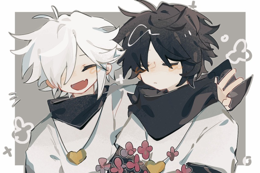 2boys 6353668259 :d ^_^ ahoge alternate_universe antenna_hair bandana bandana_around_neck black_bandana black_hair border brothers chara_(undertale) closed_eyes closed_mouth facing_viewer fang flower frisk_(undertale) gold_necklace grey_background hair_over_one_eye hand_up heart heart_necklace jewelry light_frown male_focus multiple_boys necklace one_eye_covered open_mouth outside_border parted_bangs pink_flower puffy_short_sleeves puffy_sleeves short_sleeves siblings simple_background skin_fang smile u_u undertale upper_body utdr_(toby_fox) w white_border white_hair xtale
