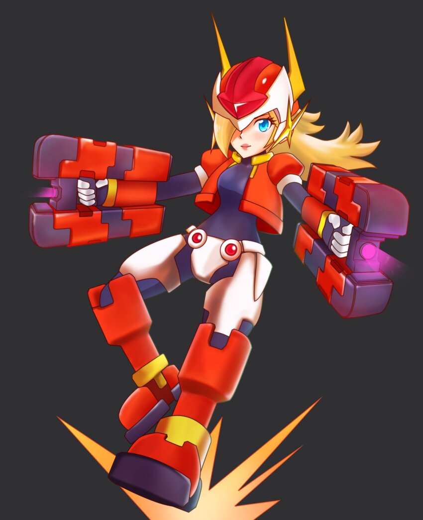 armor black_bodysuit blonde_hair blue_eyes bodysuit breasts commission cropped_jacket crotch_plate energy_cannon forehead_jewel full_body grey_background hair_over_one_eye helmet highres holding_cannon jacket long_hair mario_(series) mario_day medium_breasts mega_man_(series) mega_man_zx model_fx_(mega_man) nintendo orange_armor orange_helmet orange_jacket raseruuu rosalina simple_background