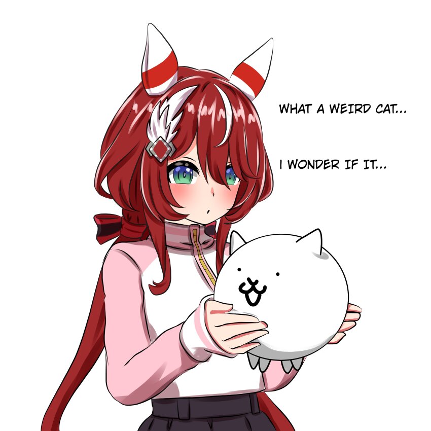 absurdres animal_ears blush cat_(nyanko_daisensou) cat_ears ear_covers green_eyes hair_between_eyes hair_ornament highres horse_ears horse_girl katyusha.v long_hair nyanko_daisensou red_hair twintails umamusume white_background win_variation_(casual)_(umamusume) win_variation_(umamusume)