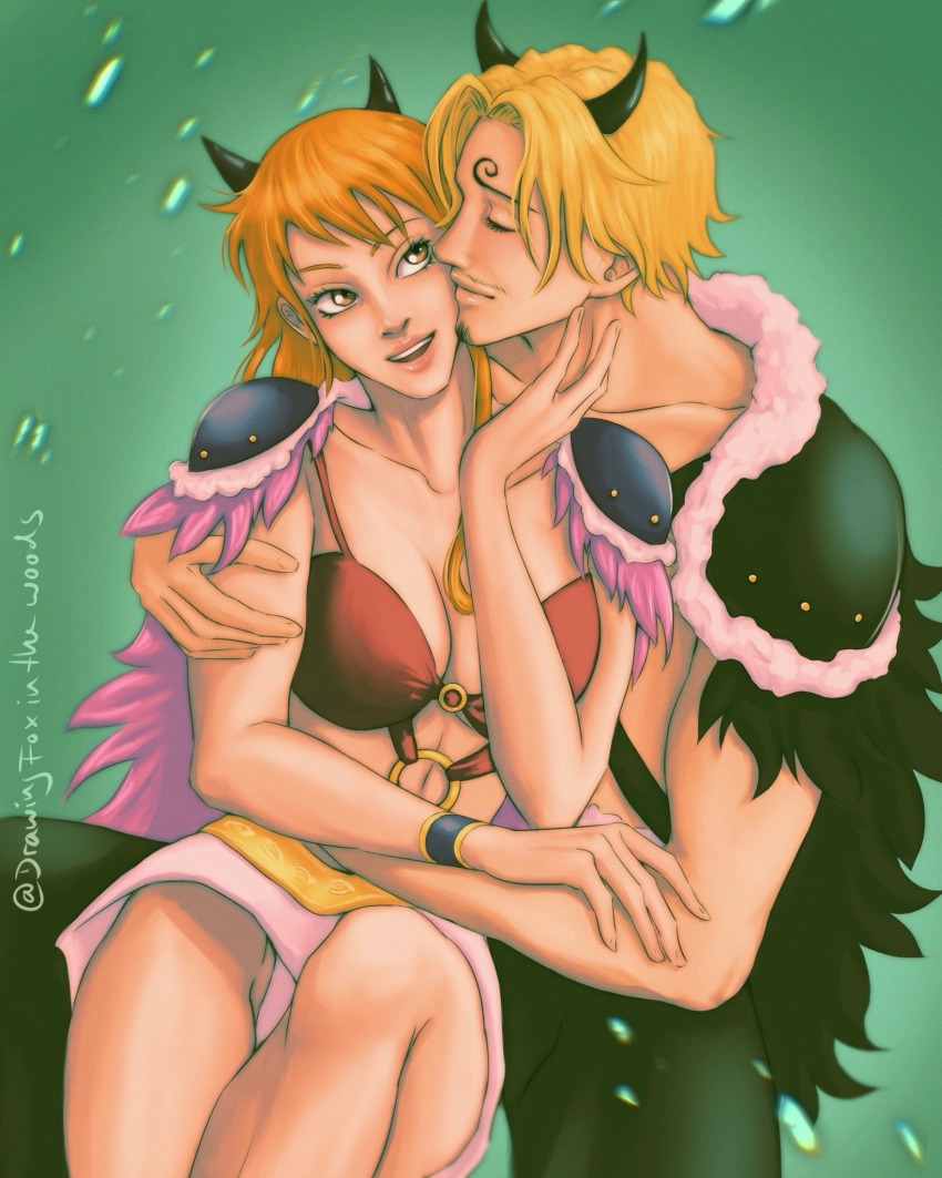 1boy 1girl armor artist_name beast_pirates_uniform blonde_hair closed_eyes closed_mouth collarbone commentary curly_eyebrows drawingfoxinthewoods english_commentary facial_hair fake_horns goatee highres horns kiss kissing_cheek long_hair mustache_stubble nami_(one_piece) nami_(one_piece)_(onigashima) official_alternate_costume one_piece open_mouth orange_eyes orange_hair pauldrons sanji_(one_piece) shoulder_armor single_pauldron smile stubble teeth