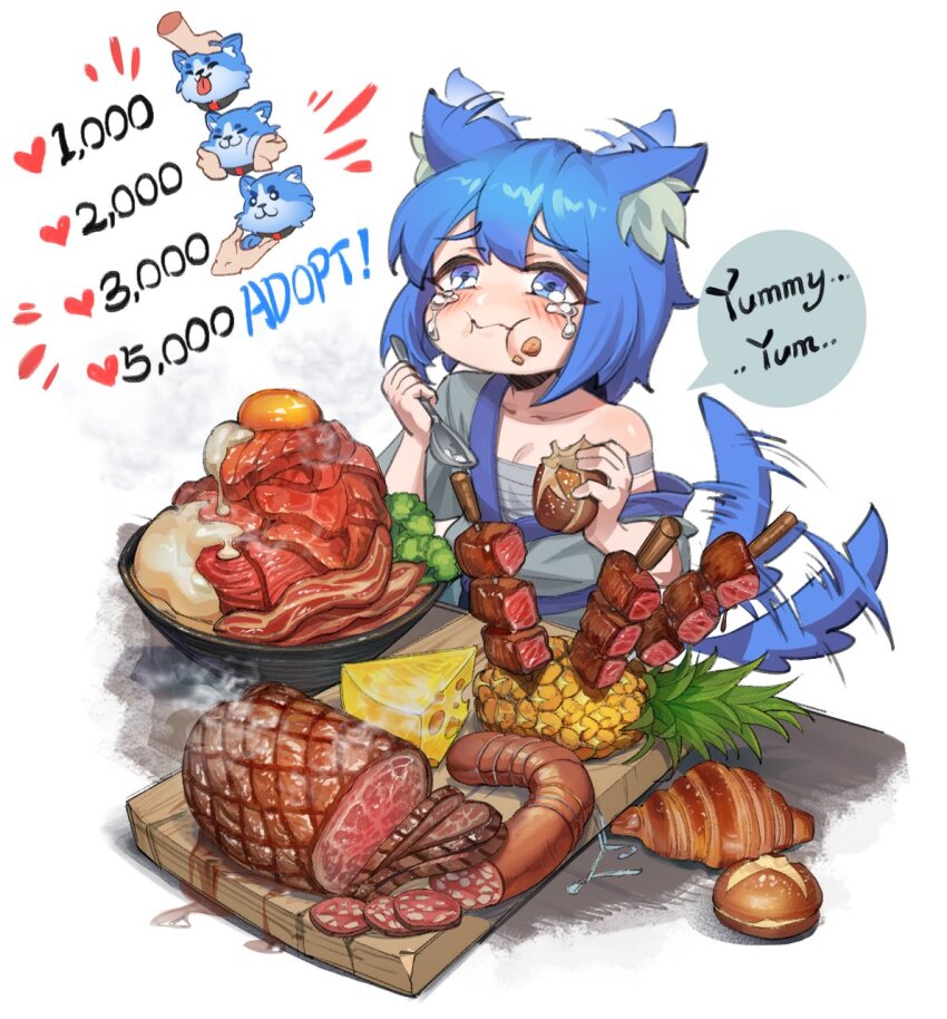1girl :i animal_ears blue_eyes blue_hair blush bread cheese closed_mouth commentary croissant crying crying_with_eyes_open dog_ears dog_girl dog_tail ear_wiggle eating english_commentary food fried_egg fruit happy_tears highres meat original pineapple salad sin_(sintrybest) solo tail tail_wagging tears