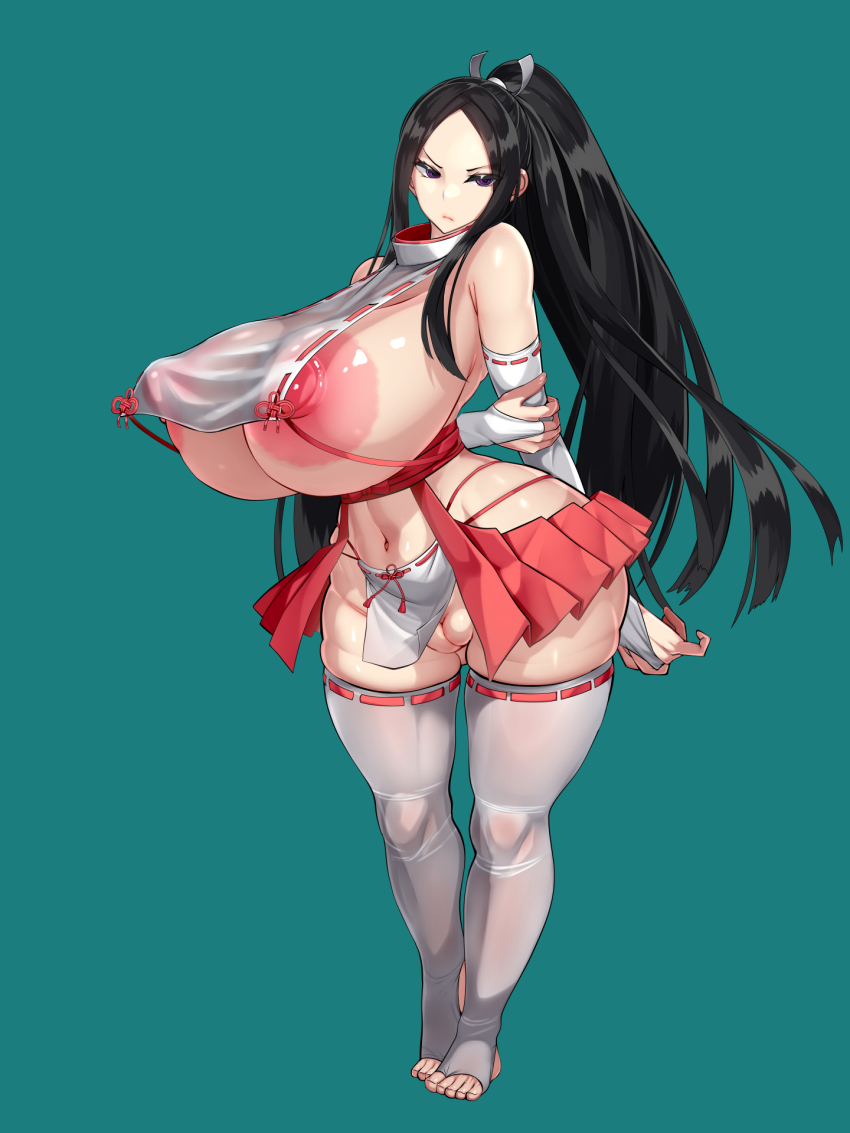 1girl areola_slip arms_behind_back black_hair borrowed_character breast_curtains breasts bridal_gauntlets cleft_of_venus clothes_lift covered_erect_nipples curvy elbow_gloves fat_mons full_body gigantic_breasts gloves groin hair_ornament highres hip_vent huge_areolae huge_nipples japanese_clothes kawahagitei loincloth loincloth_lift long_hair miko nipple_slip nipples no_panties nontraditional_miko original ponytail puffy_areolae puffy_nipples purple_eyes pussy revealing_clothes ribbon-trimmed_gloves ribbon-trimmed_legwear ribbon_trim sideboob solo standing thighhighs thighs underboob very_long_hair wide_hips