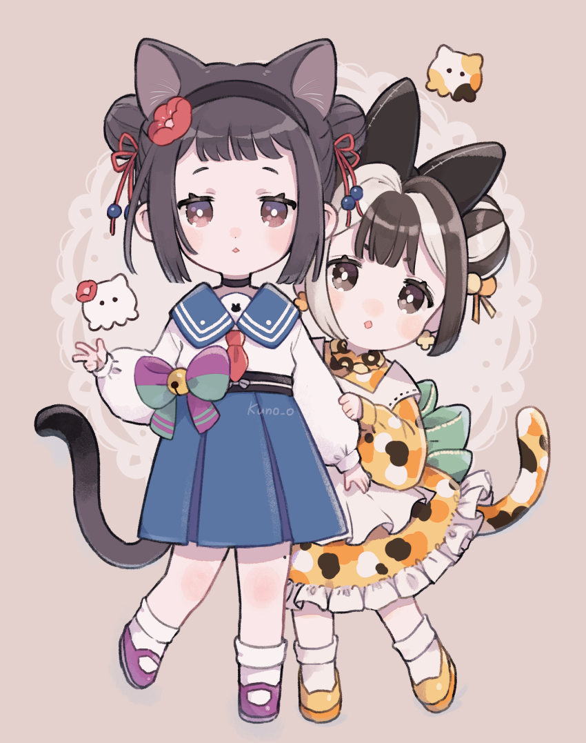2girls animal_ears apron artist_name black_hair blue_necktie blue_sailor_collar blue_skirt brown_hair cat_ears cat_tail collared_shirt double_bun dress frills hair_bun hand_up highres jikuno light_brown_background long_sleeves multicolored_hair multiple_girls necktie open_mouth original purple_footwear sailor_collar shirt shoes short_hair simple_background skirt socks tail two-tone_hair white_hair white_shirt white_socks yellow_dress yellow_shoes