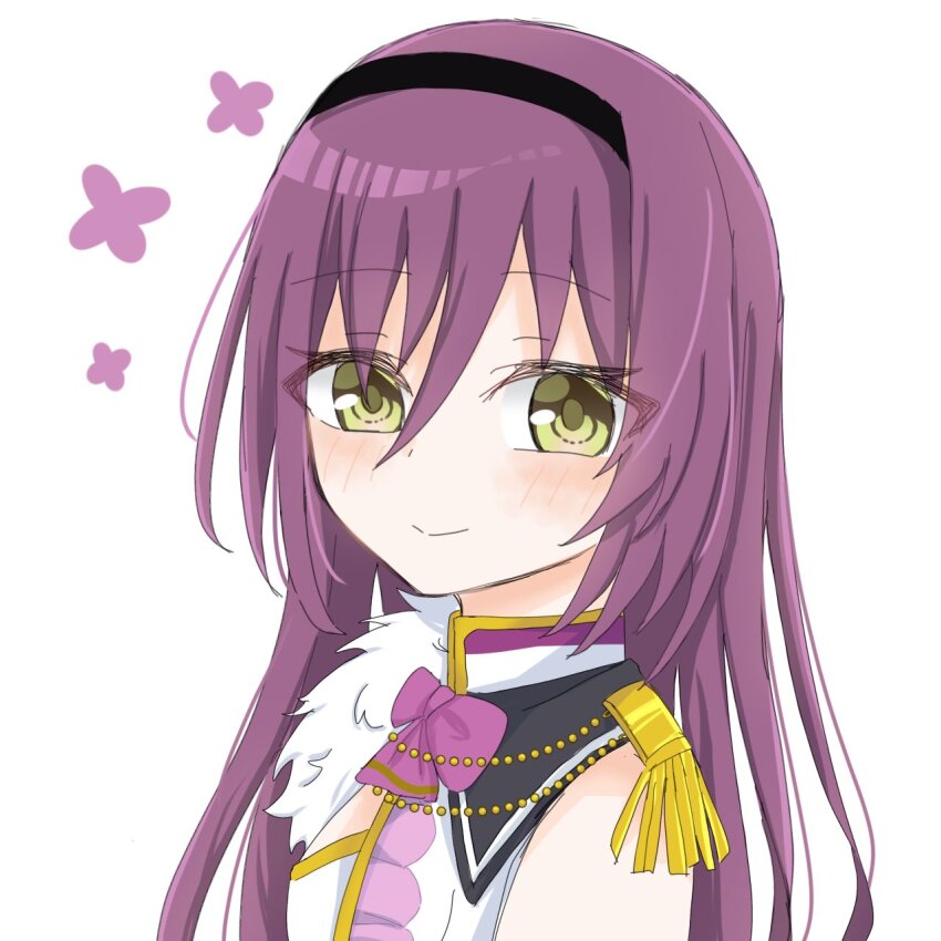 1girl arm_at_side assault_lily black_hairband blush bow bowtie breasts closed_mouth commentary epaulettes flower_symbol from_side fur-trimmed_shirt fur_trim green_eyes hair_between_eyes hairband highres long_bangs long_hair looking_at_viewer looking_to_the_side maki_wakana medium_breasts official_alternate_costume pink_bow pink_bowtie portrait purple_hair sana_(hs_yp1) shirt simple_background sleeveless sleeveless_shirt smile solo white_background white_shirt