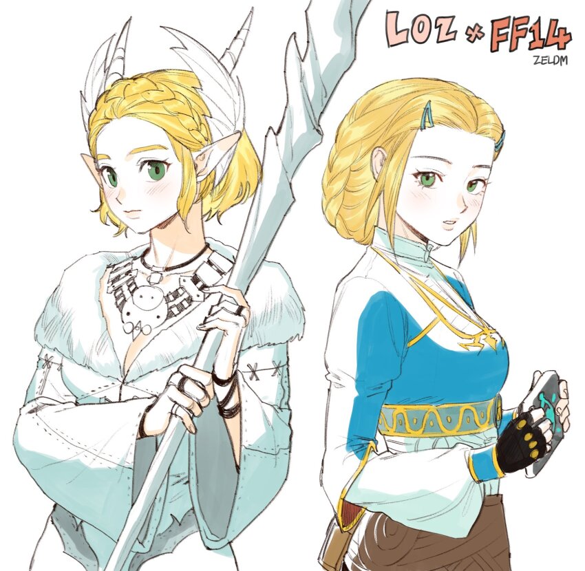 2girls artist_name black_gloves blue_shirt braid breasts choker cleavage cosplay costume_switch crown_braid final_fantasy final_fantasy_xiv fingerless_gloves fur_collar gloves green_eyes hair_ornament hairclip headdress highres jewelry kan-e-senna light_blush long_sleeves medium_breasts multiple_girls multiple_rings nintendo padjal parted_bangs parted_lips princess_zelda princess_zelda_(cosplay) ring robe shirt sidelocks the_legend_of_zelda the_legend_of_zelda:_breath_of_the_wild thick_eyebrows upper_body white_robe wide_sleeves zeldm