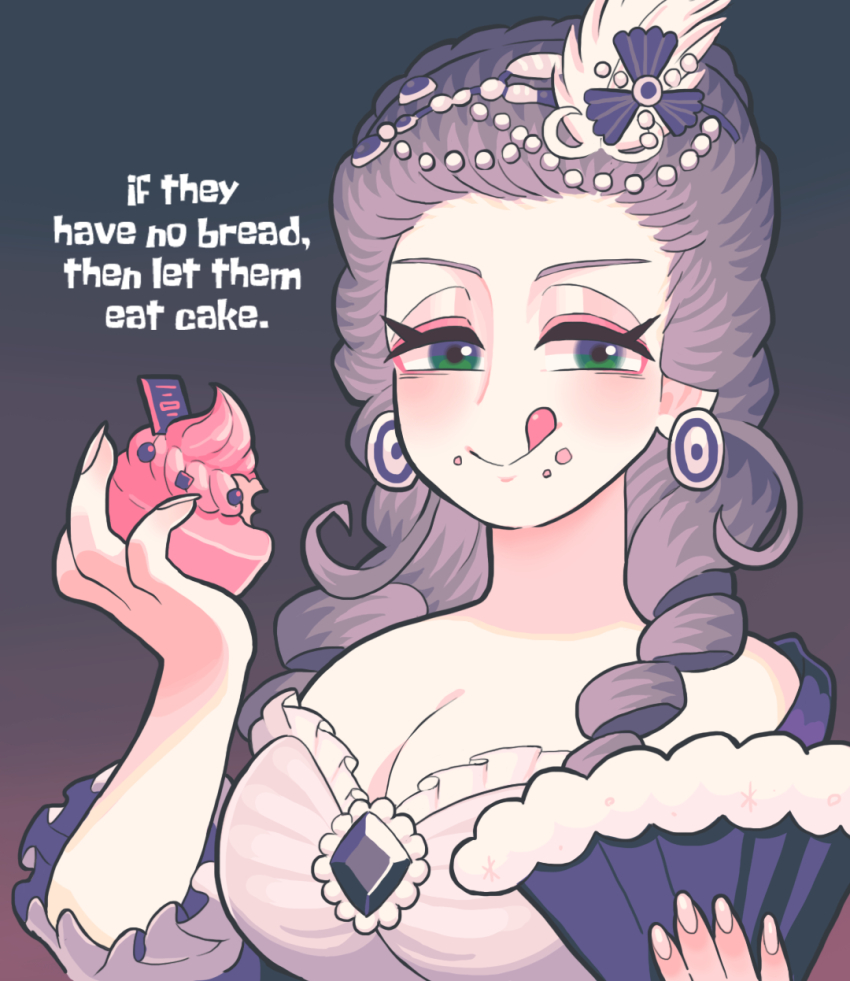 1girl breasts cleavage commentary crumbs cupcake dress drill_hair earrings eating english_text food gashi-gashi gem green_eyes grey_hair hand_fan highres holding holding_fan holding_food jewelry large_breasts licking_lips looking_at_viewer marie_antoinette real_life smile symbol-only_commentary tongue tongue_out twin_drills upper_body