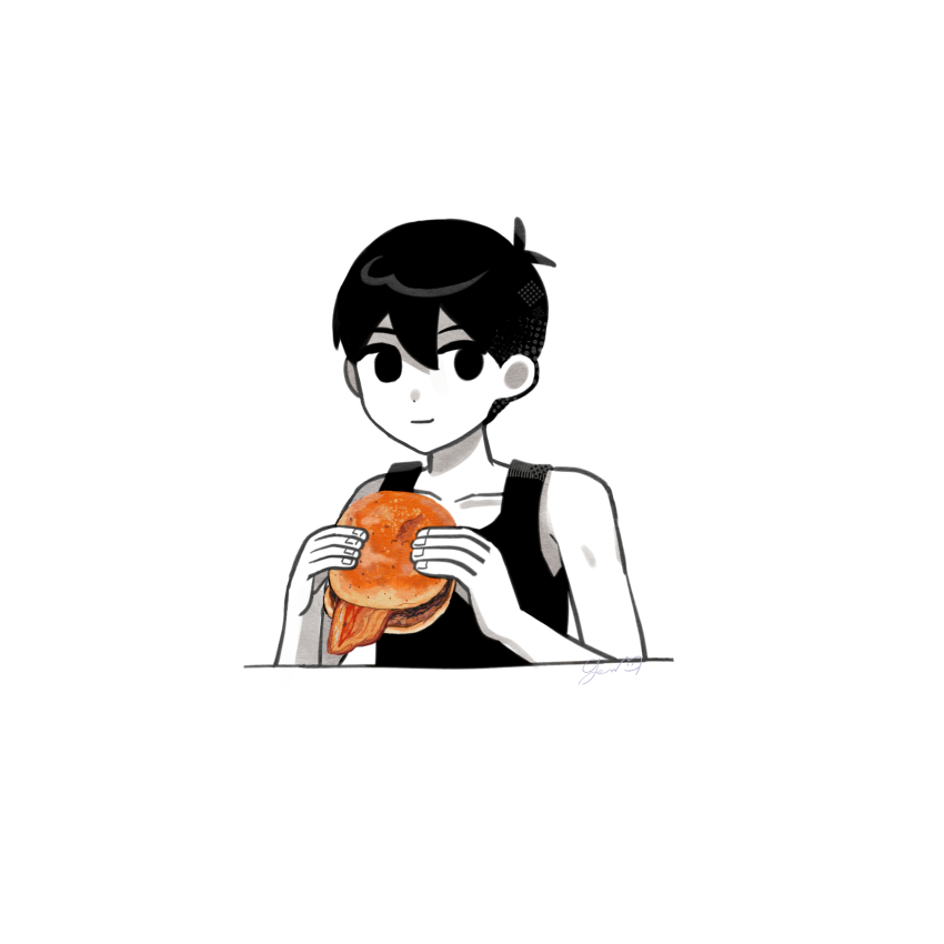 1boy antenna_hair black_eyes black_hair black_tank_top burger closed_mouth collarbone colored_skin food genk1zam4s highres holding holding_burger holding_food looking_at_viewer male_focus omori omori_(omori) short_hair simple_background smile solo tank_top upper_body white_background white_skin