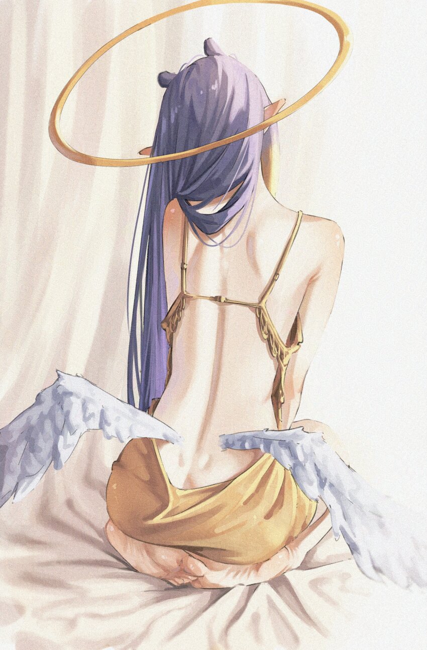 1girl absurdres back barefoot commentary dimples_of_venus dress english_commentary feathered_wings feet from_behind gradient_hair halo highres hololive hololive_english low_wings multicolored_hair ninomae_ina&#039;nis orange_hair pointy_ears purple_hair samukzz soles solo tentacle_hair toes virtual_youtuber white_wings wings yellow_dress yellow_halo