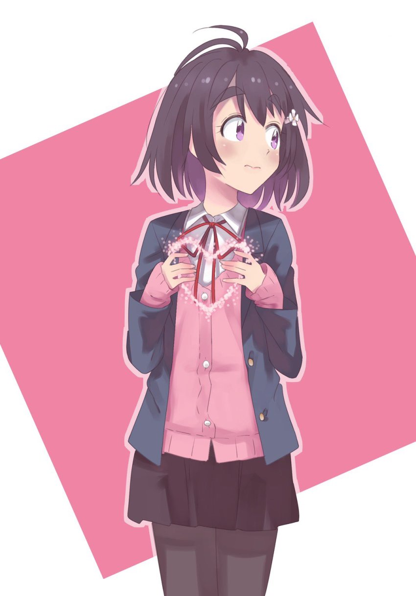 1girl 3: black_hair black_pantyhose black_skirt blazer blush cardigan female_focus highres jacket komuro_takahiro looking_away looking_to_the_side lotte_(company) momo_(pink_valentine) pantyhose pink_cardigan pink_valentine pleated_skirt purple_eyes ribbon school_uniform short_hair skirt solo thick_eyebrows
