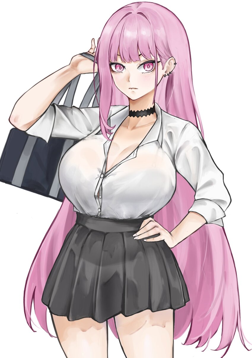 1girl absurdres alternate_costume black_bra black_skirt bra bra_peek bra_visible_through_clothes bralines breasts cleavage gyaru highres hololive hololive_english large_breasts long_hair looking_at_viewer mori_calliope partially_unbuttoned pink_eyes pink_hair red_eyes school_uniform see-through_clothes see-through_shirt shirt shirt_tucked_in simple_background skirt solo unbuttoned unbuttoned_shirt underwear virtual_youtuber walkerdoggo white_shirt